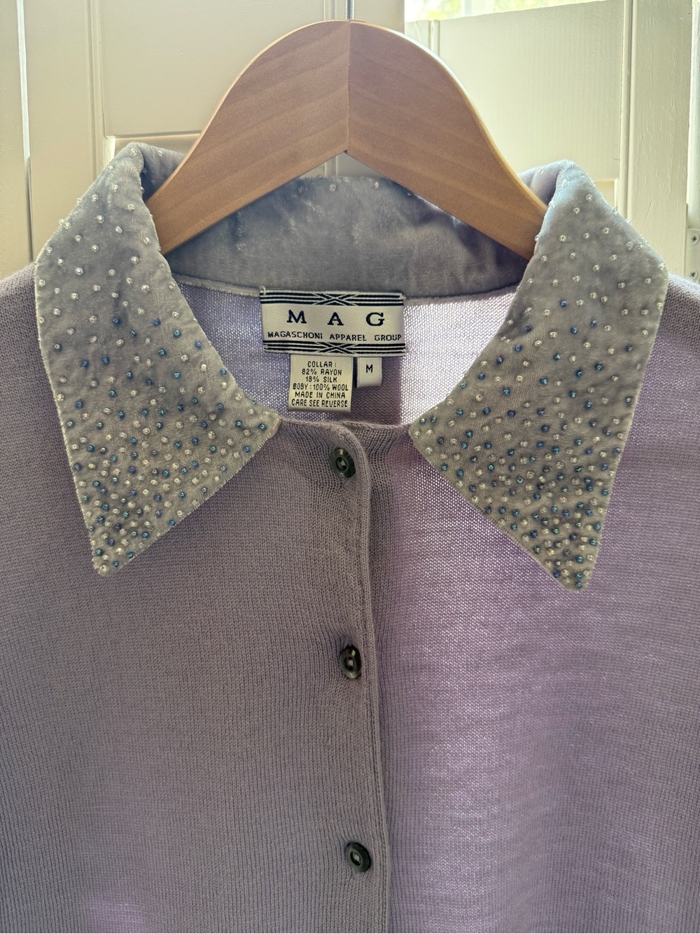 Magaschoni Lavender Wool Cardigan Beaded rayon silk  Collar Vintage Y2K - Picture 8 of 17